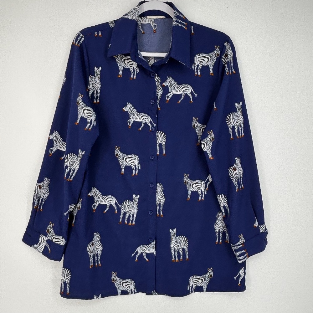 Sunday Up Womens Medium Button Front Shirt Tunic Top Blue Zebra Print Long Slv
